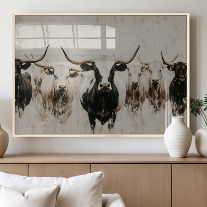 12027562-MGV-FP-36X24-3P_Natural-Longhorn Cattle Wall Art Canvas Print, Framed Bison Herd Art Picture Print, Cattle Group Perfect Rustic Farmhouse Decor Artwork