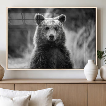 MGV-FP-36X24-3P - Grizzly Bear Wall Art Canvas Print, Framed Black White Bear Art Picture Print, Wild Bear Perfect Rustic Wildlife Decor Artwork