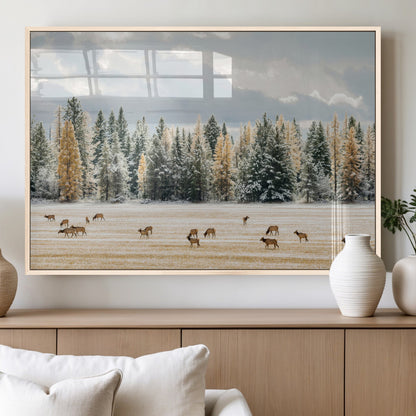 64188182-MGV-FP-36X24-3P_Natural-Elk Herd Wall Art Canvas Print, Framed Snowy Forest Art Picture Print, Forest Elks Perfect Neutral Rustic Decor Artwork
