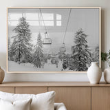 55003599-MGV-FP-36X24-3P_Natural-Snowy Ski Lift Wall Art Canvas Print, Framed Winter Forest Art Picture Print, Ski lift Ride Perfect Winter Lodge Decor Artwork