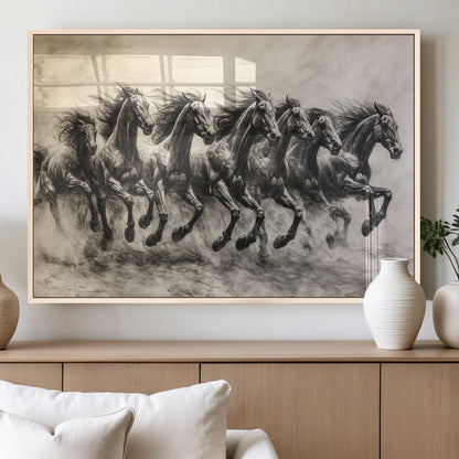 56089591-MGV-FP-60X30-3P_Natural-Galloping Horses Wall Art Canvas Print, Framed Wild Stallions Art Picture Print, Horse Herd Sketch Perfect Monochrome Dynamic