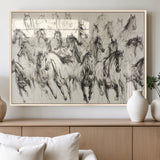 19433417-MGV-FP-36X24-3P_Natural-Running Horses Wall Art Canvas Print, Framed Horse Sketch Art Picture Print, Galloping Herd Perfect Monochrome Western Decor