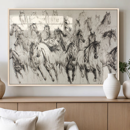 19433417-MGV-FP-36X24-3P_Natural-Running Horses Wall Art Canvas Print, Framed Horse Sketch Art Picture Print, Galloping Herd Perfect Monochrome Western Decor