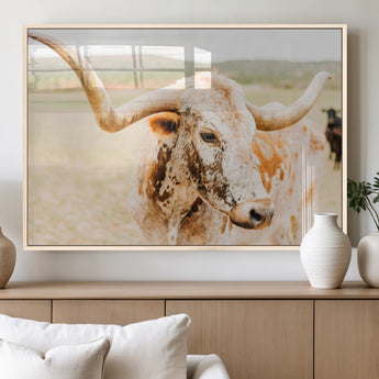 21060648-MGV-FP-60X30-3P_Natural-Texas Longhorn Wall Art Canvas Print, Framed Speckled Cow Art Picture Print, Rustic Bull Perfect Rustic Western Decor Artwork