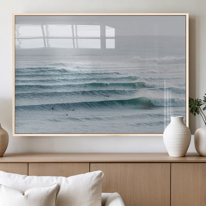 73969318-MGV-FP-36X24-3P_Natural-Ocean Waves Wall Art Canvas Print, Framed Surfer Lineup Art Picture Print, Crowded Ocean Perfect Minimal Coastal Decor Artwork
