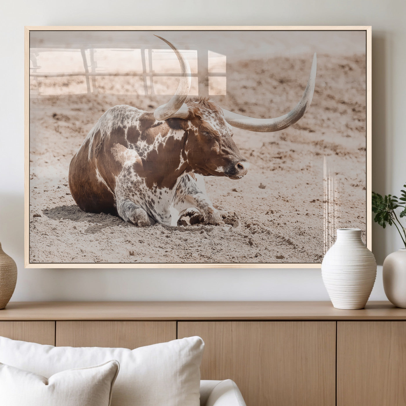25407592-MGV-FP-60X30-3P_Natural-Texas Longhorn Wall Art Canvas Print, Framed Resting Bull Art Picture Print, Spotted Cattle Perfect Rustic Western Decor Artwork