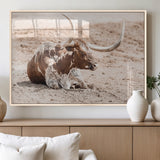 25407592-MGV-FP-60X30-3P_Natural-Texas Longhorn Wall Art Canvas Print, Framed Resting Bull Art Picture Print, Spotted Cattle Perfect Rustic Western Decor Artwork