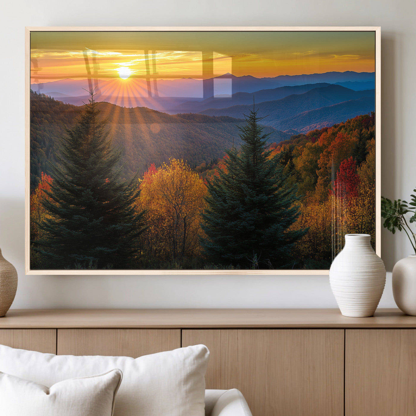 36964931-MGV-FP-36X24-3P_Natural-Autumn Mountains Wall Art Canvas Print, Framed Sunset Glow Forest Art Picture Print, Golden Trees Perfect Vibrant Nature Decor
