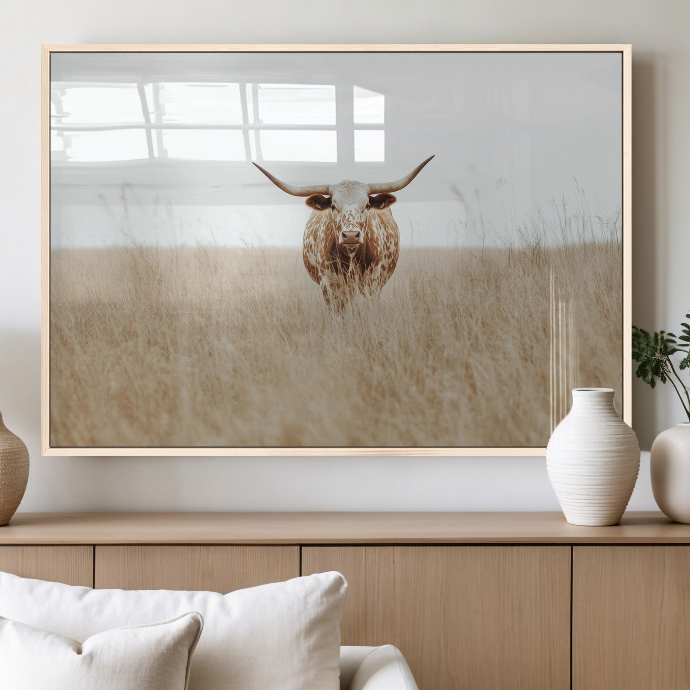 20927060-MGV-FP-60X30-3P_Natural-Texas Longhorn Wall Art Canvas Print, Framed Lone Cattle Art Picture Print, Longhorn Bull Perfect Rustic Western Decor Artwork