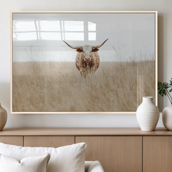 20927060-MGV-FP-36X24-3P_Natural-Texas Longhorn Wall Art Canvas Print, Framed Lone Cattle Art Picture Print, Longhorn Bull Perfect Rustic Western Decor Artwork