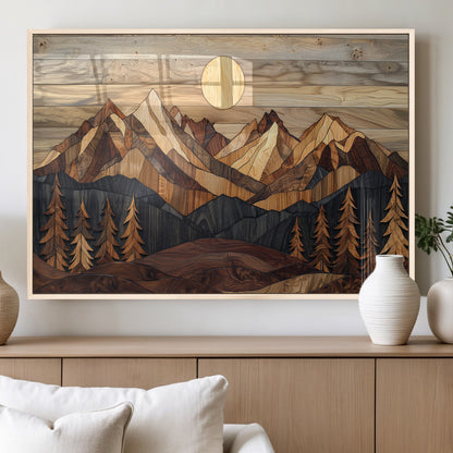 39116082-MGV-FP-60X30-3P_Natural-Wood Mountain Landscape Wall Art Canvas Print, Framed Sunset Hills Art Picture Print, Abstract Nature Perfect Boho Decor Artwork