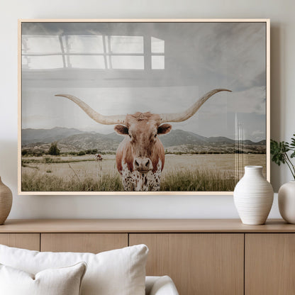 80054319-MGV-FP-60X30-3P_Natural-Texas Longhorn Wall Art Canvas Print, Framed Western Cow Art Picture Print, Rustic Farmhouse Perfect Farmhouse Decor Artwork