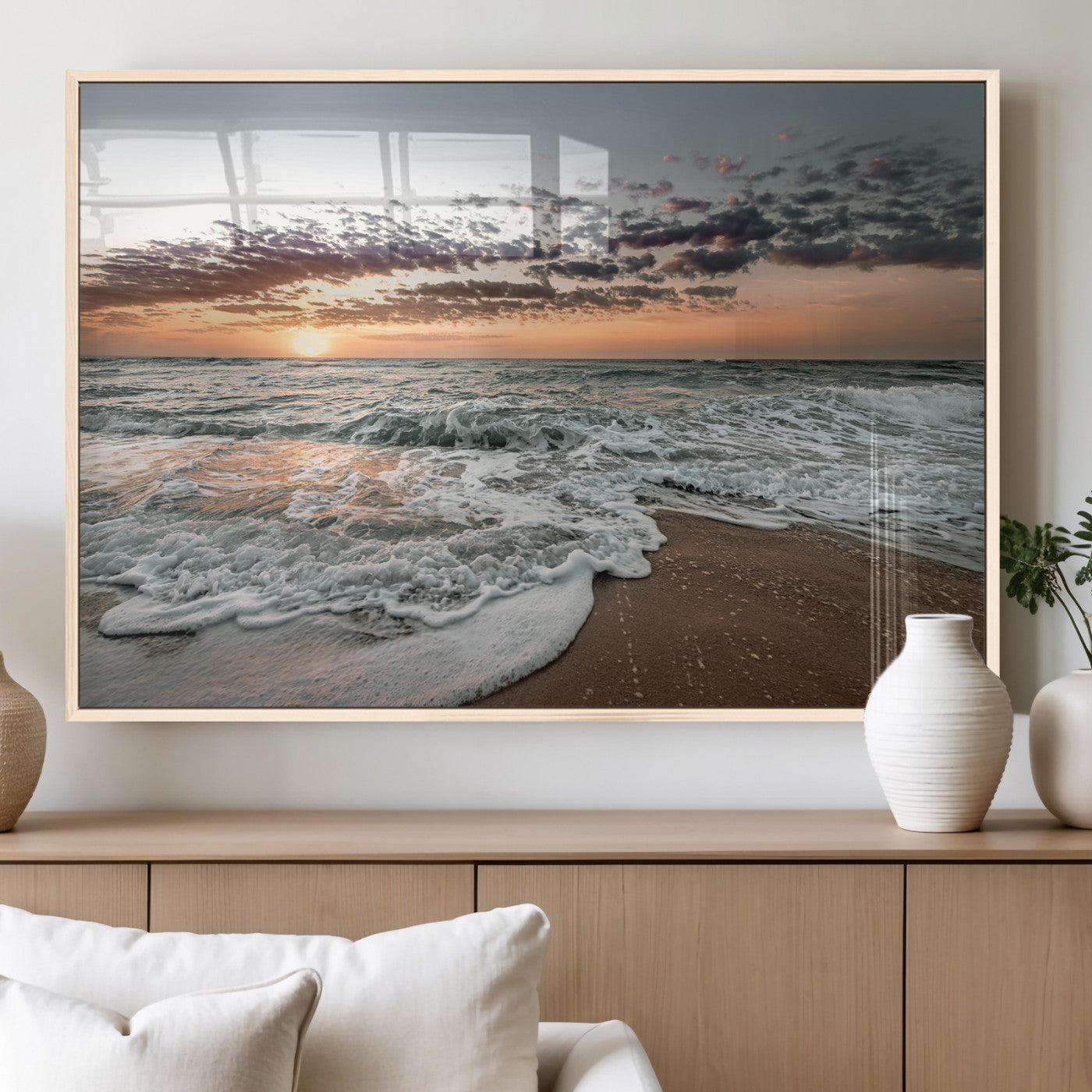 40632752-MGV-FP-60X30-3P_Natural-Ocean Sunset Wall Art Canvas Print, Framed Beach Waves Art Picture Print, Coastal Scene Perfect Coastal Decor Artwork