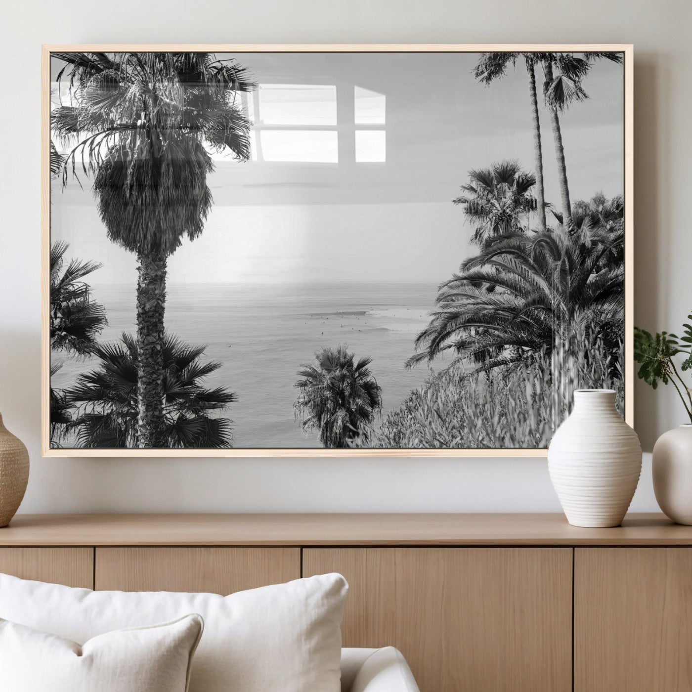89458520-MGV-FP-60X30-3P_Natural-Palm Trees Wall Art Canvas Print, Framed Coastal View Art Picture Print, Ocean Horizon Perfect Monochrome Coast Decor Artwork