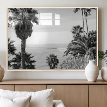 89458520-MGV-FP-60X30-3P_Natural-Palm Trees Wall Art Canvas Print, Framed Coastal View Art Picture Print, Ocean Horizon Perfect Monochrome Coast Decor Artwork