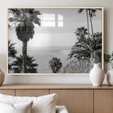 89458520-MGV-FP-36X24-3P_Natural-Palm Trees Wall Art Canvas Print, Framed Coastal View Art Picture Print, Ocean Horizon Perfect Monochrome Coast Decor Artwork