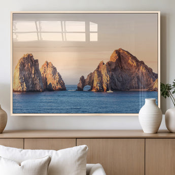 72996116-MGV-FP-36X24-3P_Natural-El Arco Wall Art Canvas Print, Framed Cabo Rocks Art Picture Print, Ocean Arch Perfect Golden Coastal Landmark Decor Artwork