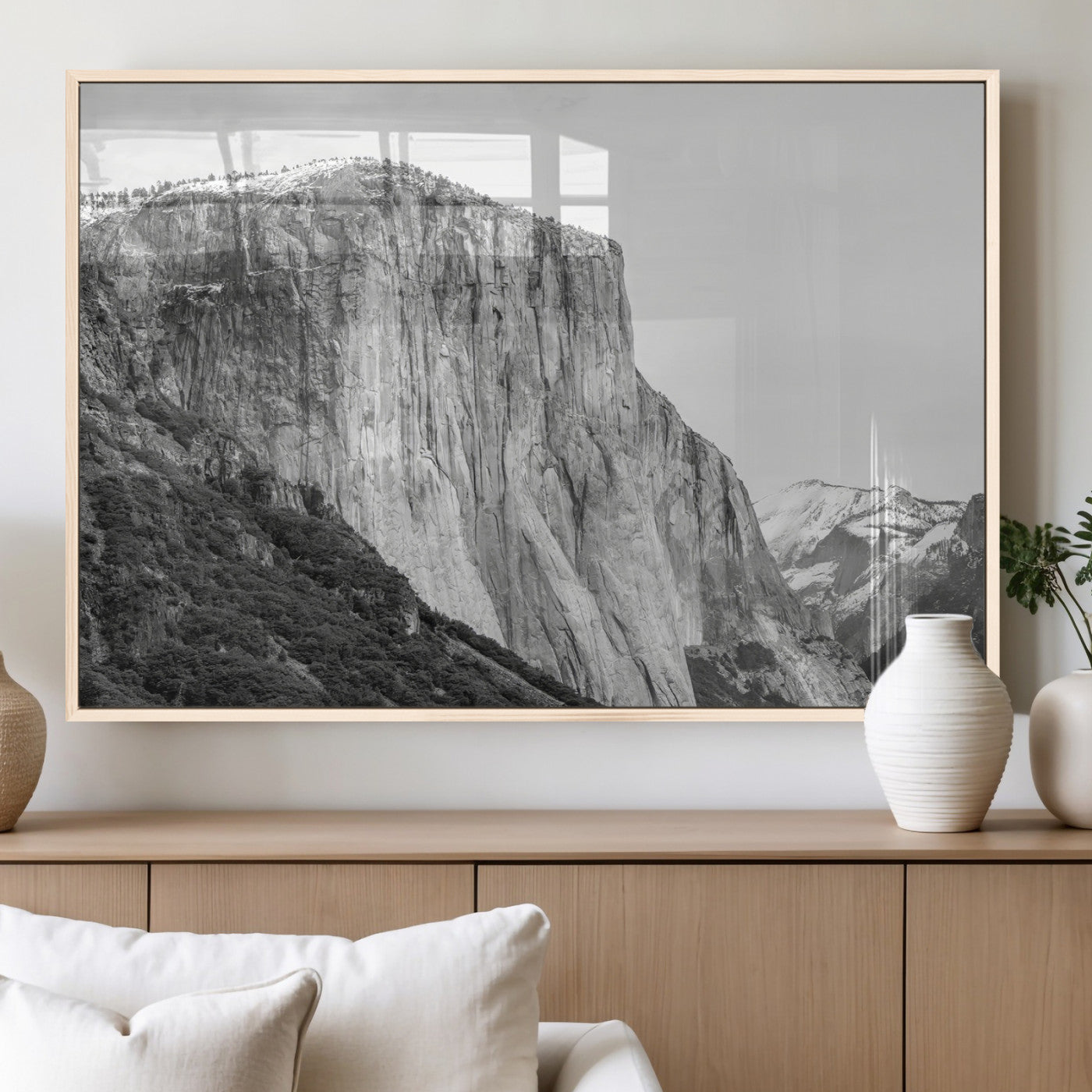 39393420-MGV-FP-36X24-3P_Natural-El Capitan Wall Art Canvas Print, Framed Yosemite Cliff Art Picture Print, Monochrome Mountain Perfect Monochrome Sierra Decor