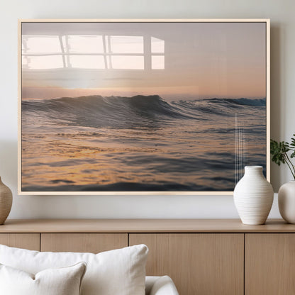 46299358-MGV-FP-60X30-3P_Natural-Sunset Waves Wall Art Canvas Print, Framed Ocean Horizon Art Picture Print, Golden Water Perfect Golden Hour Coastal Decor Artwork