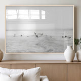 33449548-MGV-FP-60X30-3P_Natural-Group Surfers Wall Art Canvas Print, Framed Ocean Wave Art Picture Print, Surf Crowd Perfect Monochrome Surf Decor Artwork