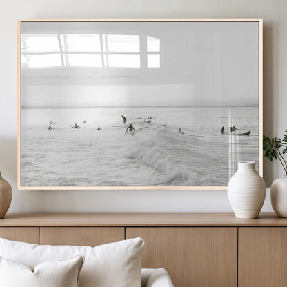 33449548-MGV-FP-60X30-3P_Natural-Group Surfers Wall Art Canvas Print, Framed Ocean Wave Art Picture Print, Surf Crowd Perfect Monochrome Surf Decor Artwork