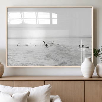 33449548-MGV-FP-36X24-3P_Natural-Group Surfers Wall Art Canvas Print, Framed Ocean Wave Art Picture Print, Surf Crowd Perfect Monochrome Surf Decor Artwork