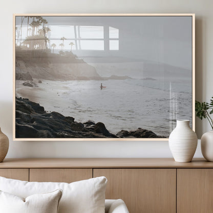 62501405-MGV-FP-36X24-3P_Natural-Misty Beach Wall Art Canvas Print, Framed California Surfer Art Picture Print, Coastal Cliff Perfect Coastal Beach Decor Artwork