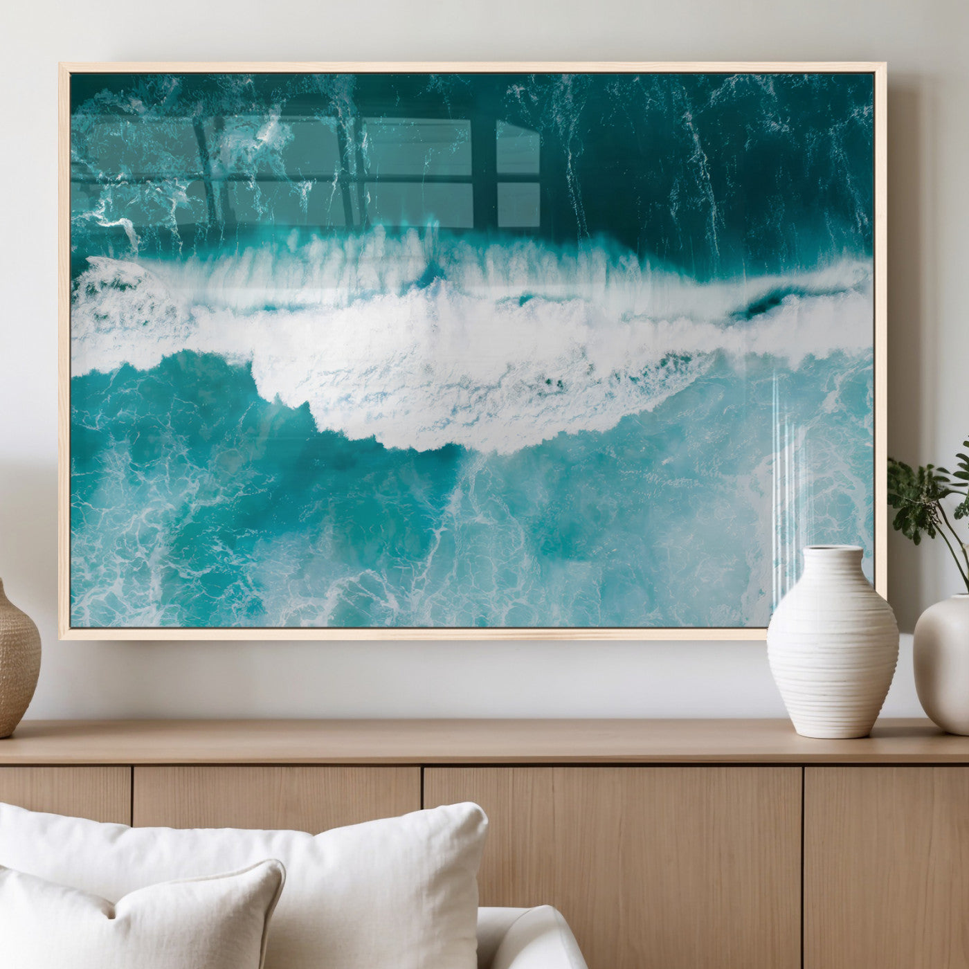 23828594-MGV-FP-60X30-3P_Natural-Aerial Waves Wall Art Canvas Print, Framed Ocean Break Art Picture Print, Sea Foam Perfect Tropical Coastal Decor Artwork