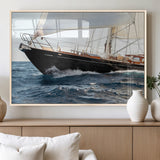 97168626-MGV-FP-60X30-3P_Natural-Sailing Yacht Wall Art Canvas Print, Framed Wooden Yacht Art Picture Print, Ocean Waves Perfect Nautical Coastal Decor Artwork