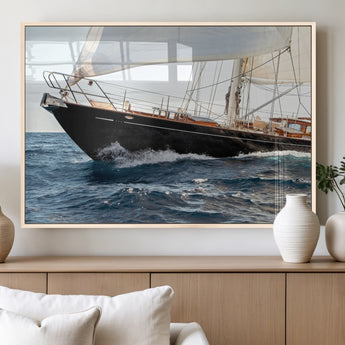 97168626-MGV-FP-60X30-3P_Natural-Sailing Yacht Wall Art Canvas Print, Framed Wooden Yacht Art Picture Print, Ocean Waves Perfect Nautical Coastal Decor Artwork