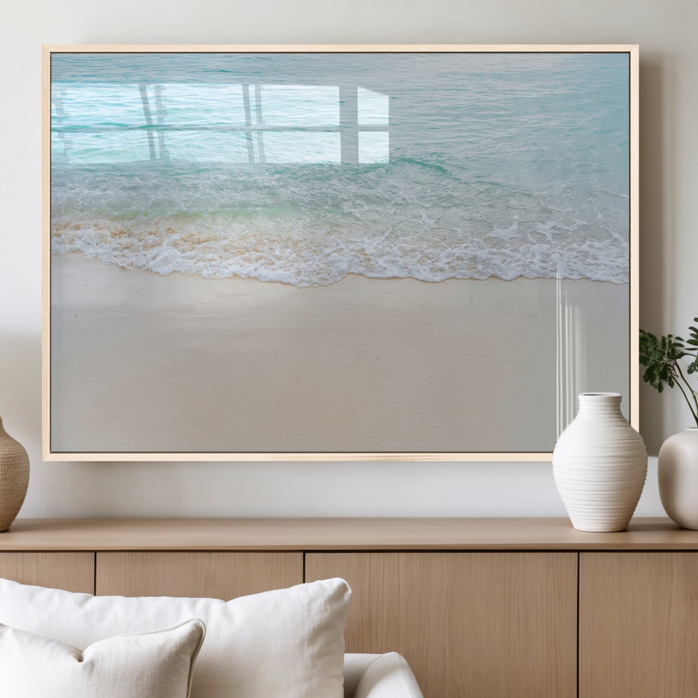 77194056-MGV-FP-36X24-3P_Natural-Soft Shoreline Wall Art Canvas Print, Framed Gentle Waves Art Picture Print, Clear Water Perfect Minimalist Coastal Decor Artwork