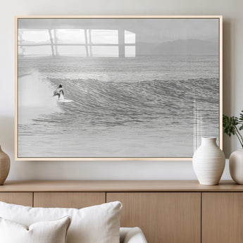 81535128-MGV-FP-60X30-3P_Natural-Surfer Woman Wall Art Canvas Print, Framed Black Ocean Art Picture Print, Ocean Surfing Perfect Monochrome Coastal Decor Artwork