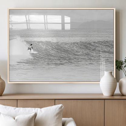 81535128-MGV-FP-60X30-3P_Natural-Surfer Woman Wall Art Canvas Print, Framed Black Ocean Art Picture Print, Ocean Surfing Perfect Monochrome Coastal Decor Artwork