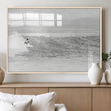 81535128-MGV-FP-36X24-3P_Natural-Surfer Woman Wall Art Canvas Print, Framed Black Ocean Art Picture Print, Ocean Surfing Perfect Monochrome Coastal Decor Artwork