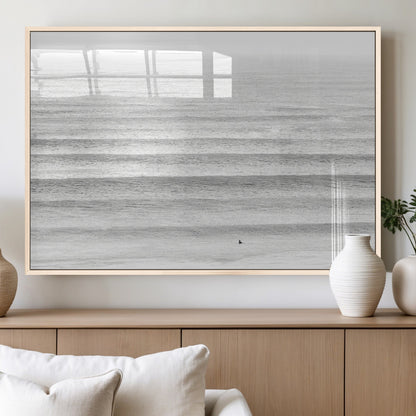 66534476-MGV-FP-60X30-3P_Natural-Lone Surfer Wall Art Canvas Print, Framed Ocean Waves Art Picture Print, Minimal Sea Perfect Minimal Coastal Decor Artwork