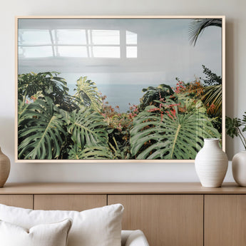 45700479-MGV-FP-60X30-3P_Natural-Monstera Leaves Wall Art Canvas Print, Framed Tropical Ocean Art Picture Print, Tropical Foliage Perfect Tropical Coastal Jungle