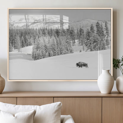 68081143-MGV-FP-36X24-3P_Natural-Snowy Bison Wall Art Canvas Print, Framed Winter Forest Art Picture Print, Lone Bison Perfect Monochrome Winter Wild Decor Artwork