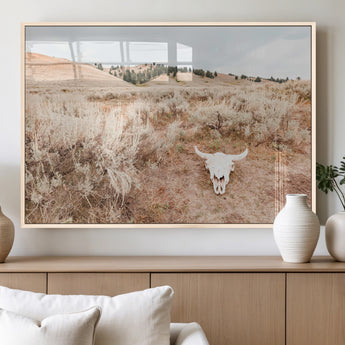97234735-MGV-FP-60X30-3P_Natural-Rustic Bones Wall Art Canvas Print, Framed Desert Sage Art Picture Print, Prairie Skull Perfect Minimal Rustic Decor Artwork