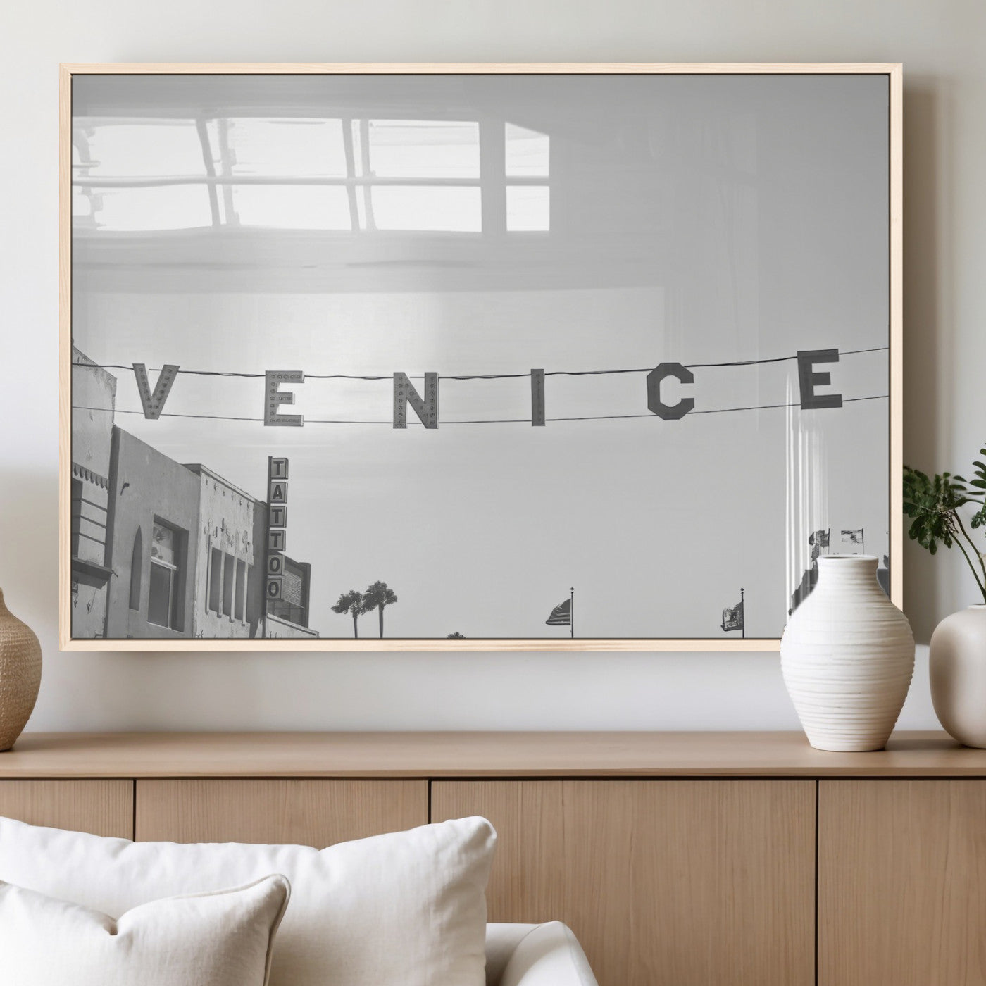 68254589-MGV-FP-60X30-3P_Natural-Venice Sign Wall Art Canvas Print, Framed Venice Letters Art Picture Print, Los Angeles Perfect Minimalist Urban Decor Artwork