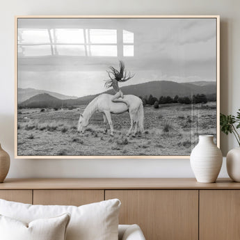 62789800-MGV-FP-36X24-3P_Natural-White Horse Wall Art Canvas Print, Framed Woman Rider Art Picture Print, Equestrian Pose Perfect Western Boho Decor Artwork