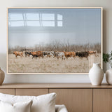 16563092-MGV-FP-60X30-3P_Natural-Texas Longhorns Wall Art Canvas Print, Framed Western Cattles Art Picture Print, Rustic Herd Perfect Rustic Farmhouse Decor