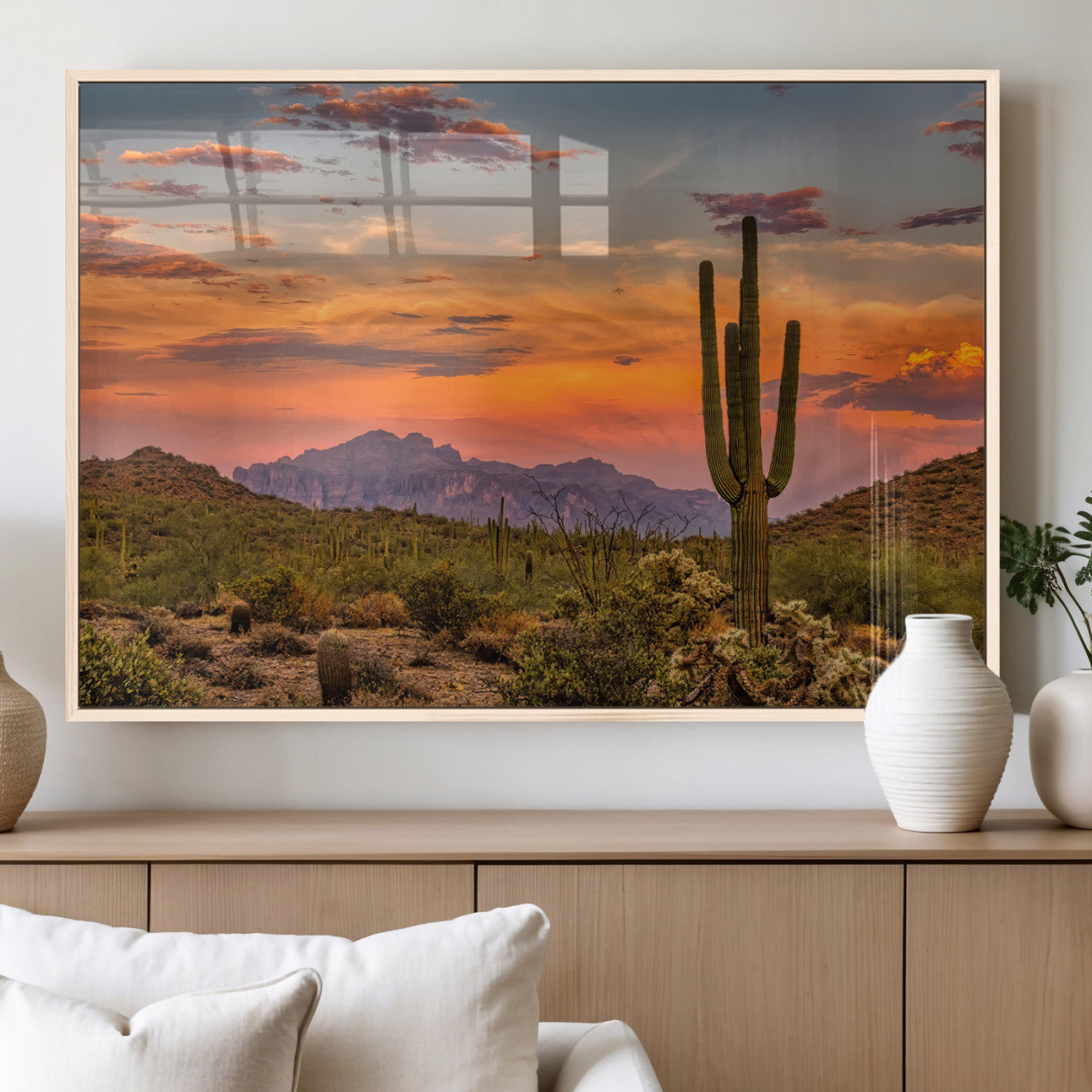 25332783-MGV-FP-36X24-3P_Natural-Saguaro Cactus Wall Art Canvas Print, Framed Arizona Sunset Art Picture Print, Sonoran Desert Perfect Southwestern Boho Decor