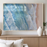 17641845-MGV-FP-60X30-3P_Natural-Aerial Ocean Wall Art Canvas Print, Framed Blue Waves Art Picture Print, Sandy Shoreline Perfect Modern Coastal Decor Artwork