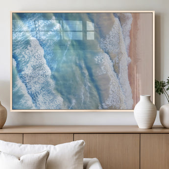 17641845-MGV-FP-60X30-3P_Natural-Aerial Ocean Wall Art Canvas Print, Framed Blue Waves Art Picture Print, Sandy Shoreline Perfect Modern Coastal Decor Artwork