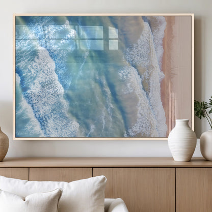 17641845-MGV-FP-60X30-3P_Natural-Aerial Ocean Wall Art Canvas Print, Framed Blue Waves Art Picture Print, Sandy Shoreline Perfect Modern Coastal Decor Artwork