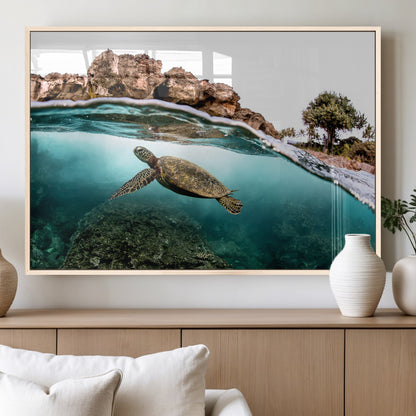 44200301-MGV-FP-36X24-3P_Natural-Sea Turtle Swim Wall Art Canvas Print, Framed Ocean Life Art Picture Print, Tropical Shoreline Perfect Tropical Coastal Decor