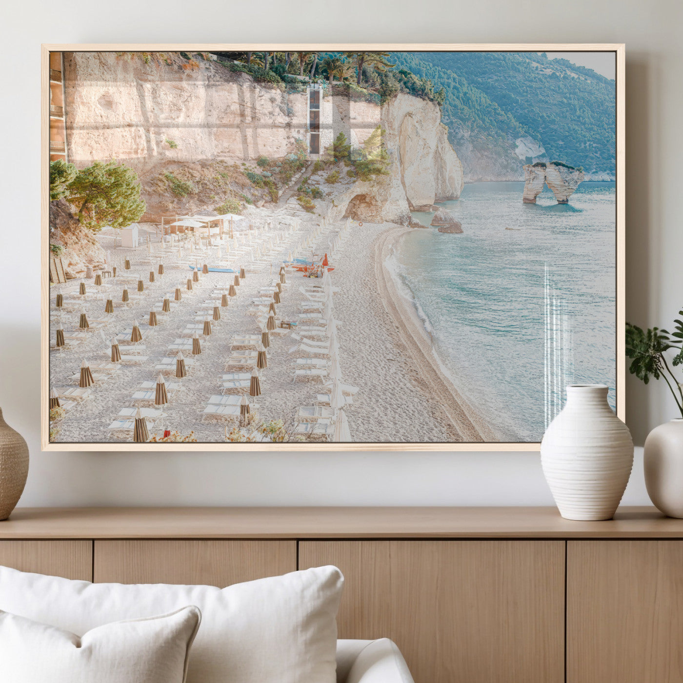 84816639-MGV-FP-36X24-3P_Natural-Mediterranean Beach Wall Art Canvas Print, Framed Airy Coastal Art Picture Print, Summer Shore Perfect Coastal Retreat Decor