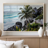 94669907-MGV-FP-36X24-3P_Natural-Tropical Coastline Wall Art Canvas Print, Framed Palm Tree Art Picture Print, Rocky Beach Perfect Tropical Coastal Decor Artwork