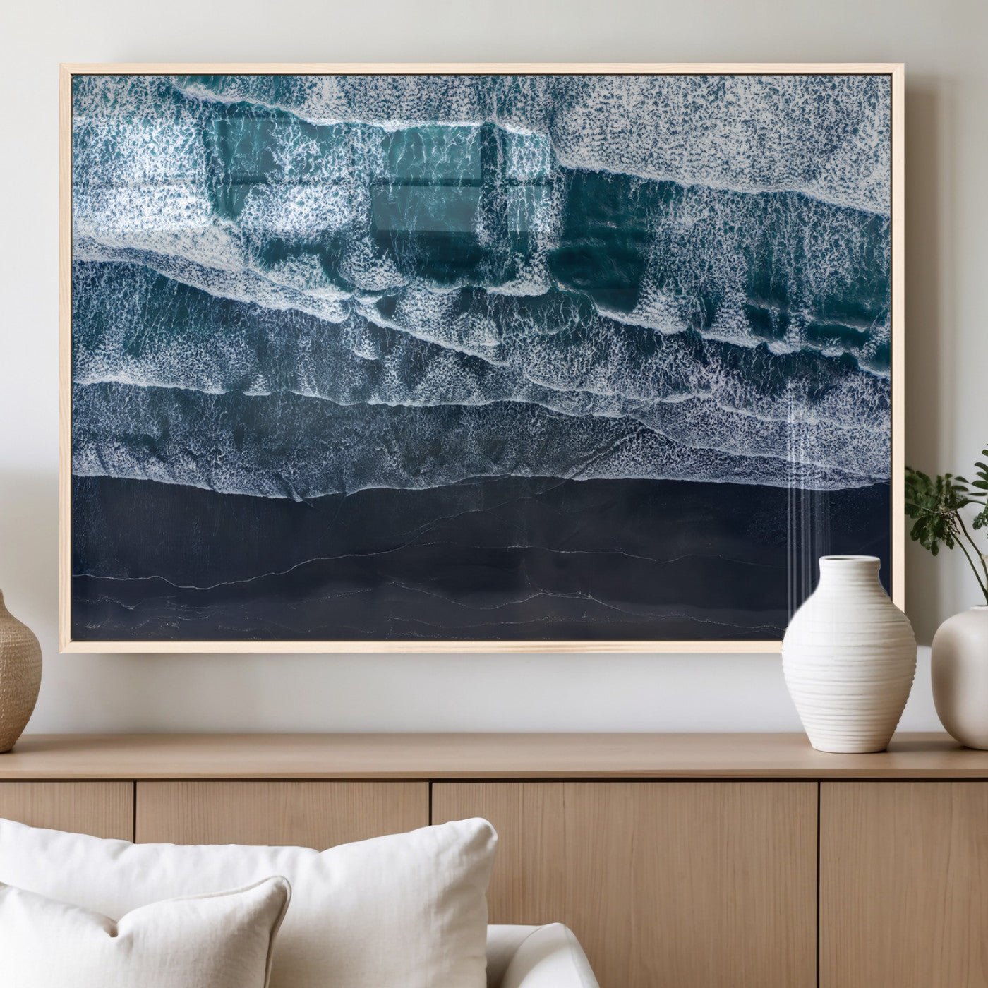 87941475-MGV-FP-60X30-3P_Natural-Black Beach Wall Art Canvas Print, Framed Aerial Ocean Art Picture Print, Moody Coastal Perfect Modern Coastal Decor Artwork