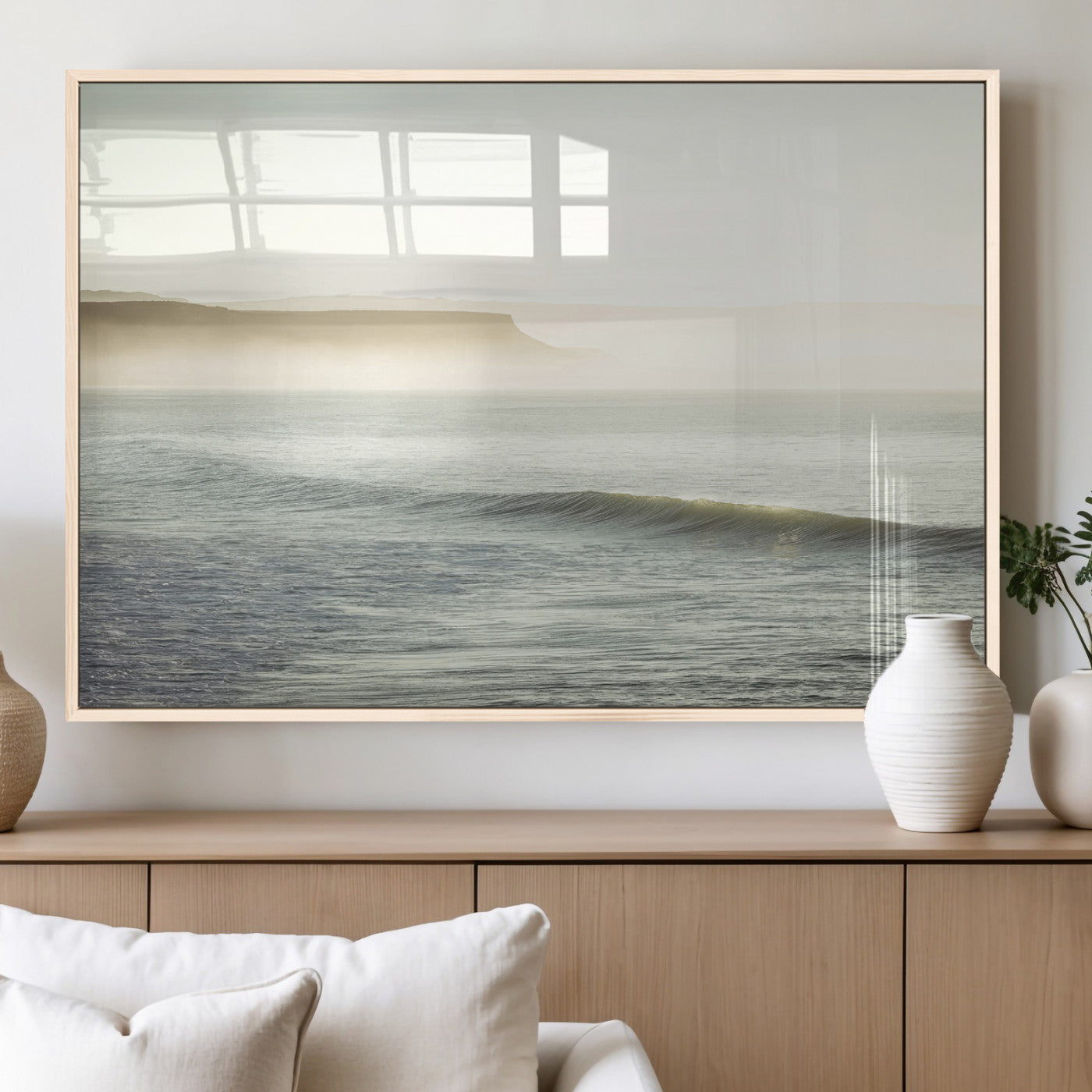 39310633-MGV-FP-36X24-3P_Natural-Coastal Cliffs Wall Art Canvas Print, Framed Misty Ocean Art Picture Print, Morning Light Perfect Minimalistic Coastal Decor